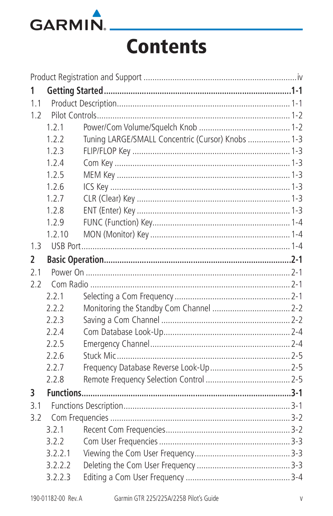 Garmin 225B, 225A manual Contents 