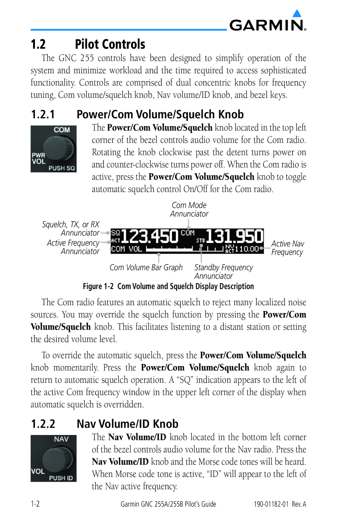 Garmin 255A manual Pilot Controls, Power/Com Volume/Squelch Knob, Nav Volume/ID Knob 