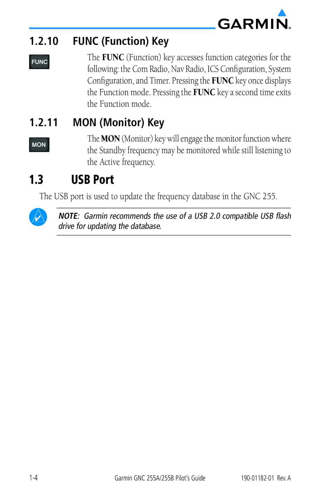 Garmin 255A manual USB Port, Func Function Key, MON Monitor Key 