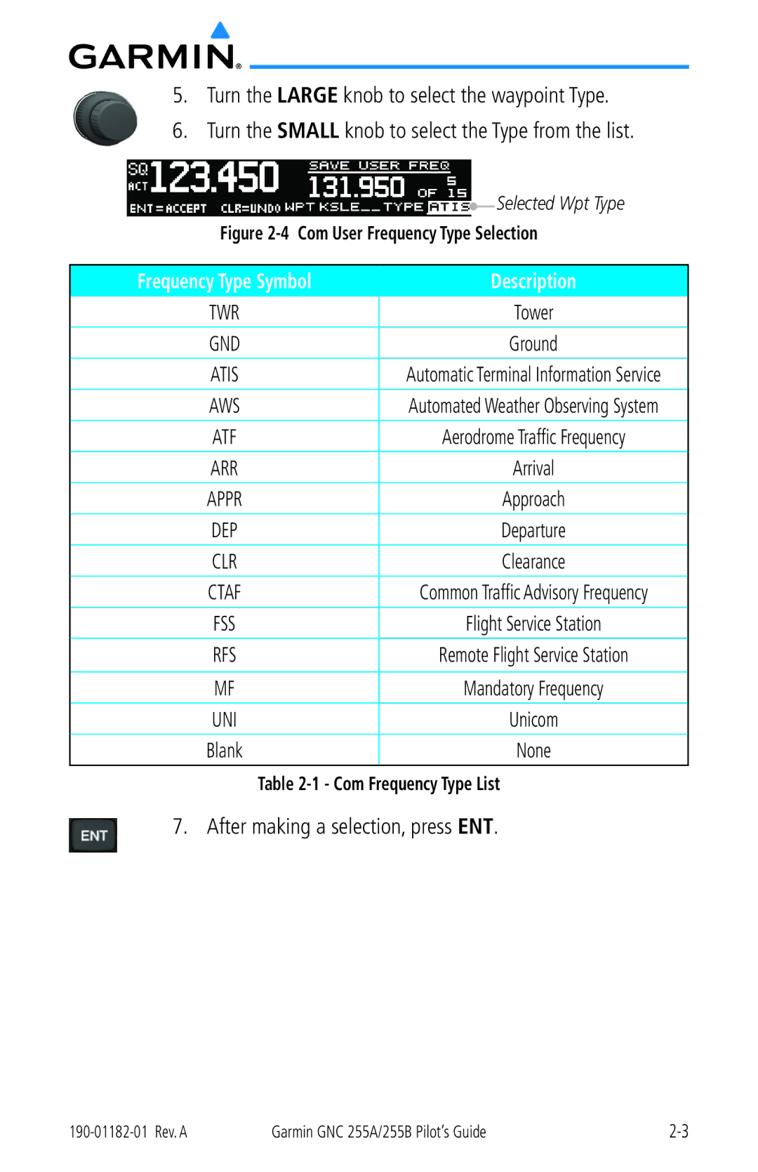 Garmin 255A manual Description, After making a selection, press ENT 