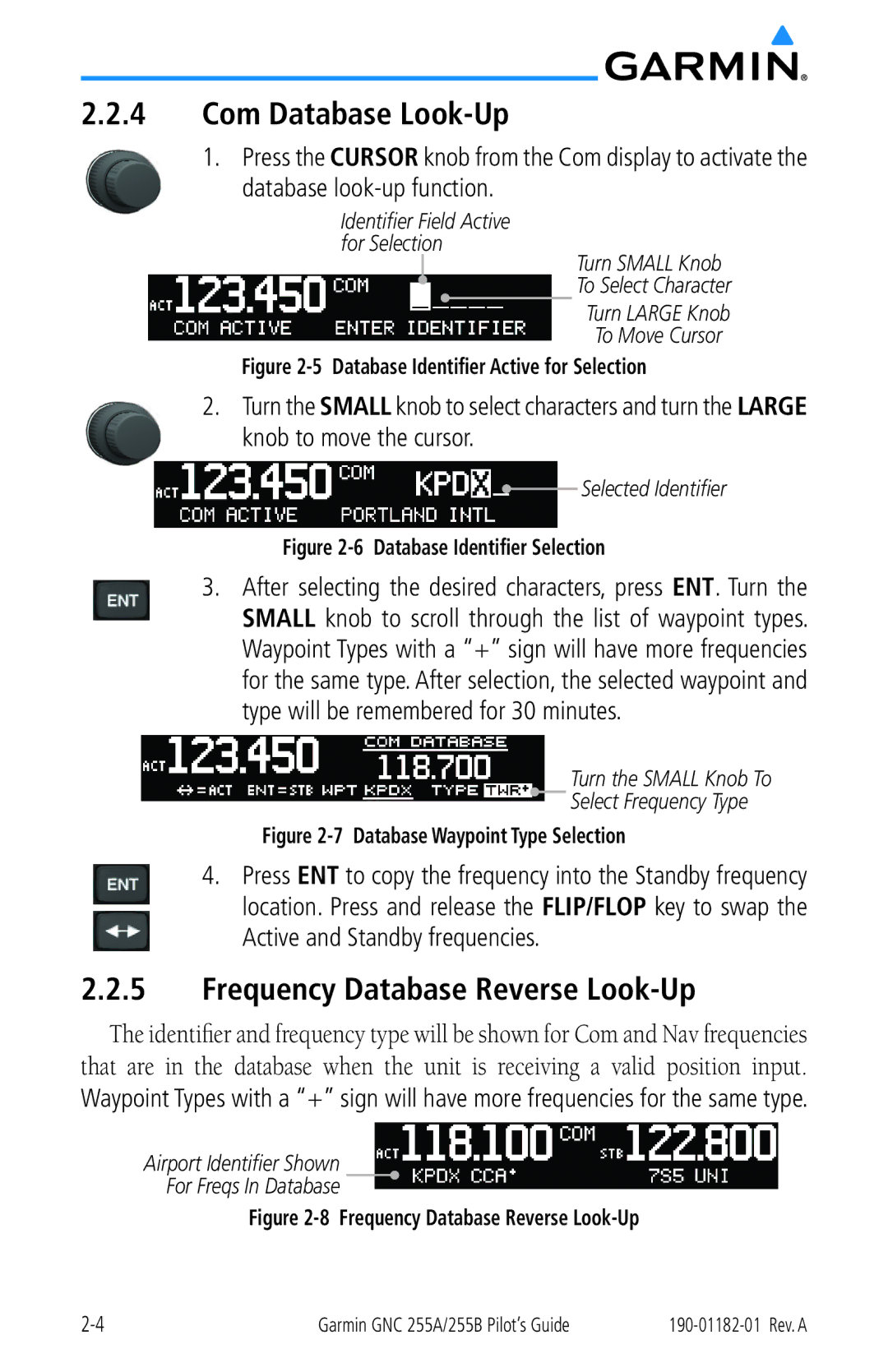 Garmin 255A manual Com Database Look-Up, Frequency Database Reverse Look-Up 