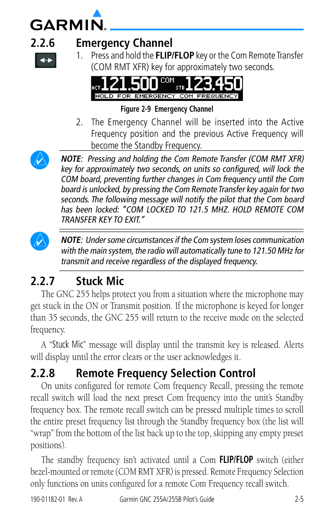 Garmin 255A manual Emergency Channel, Stuck Mic, Remote Frequency Selection Control 