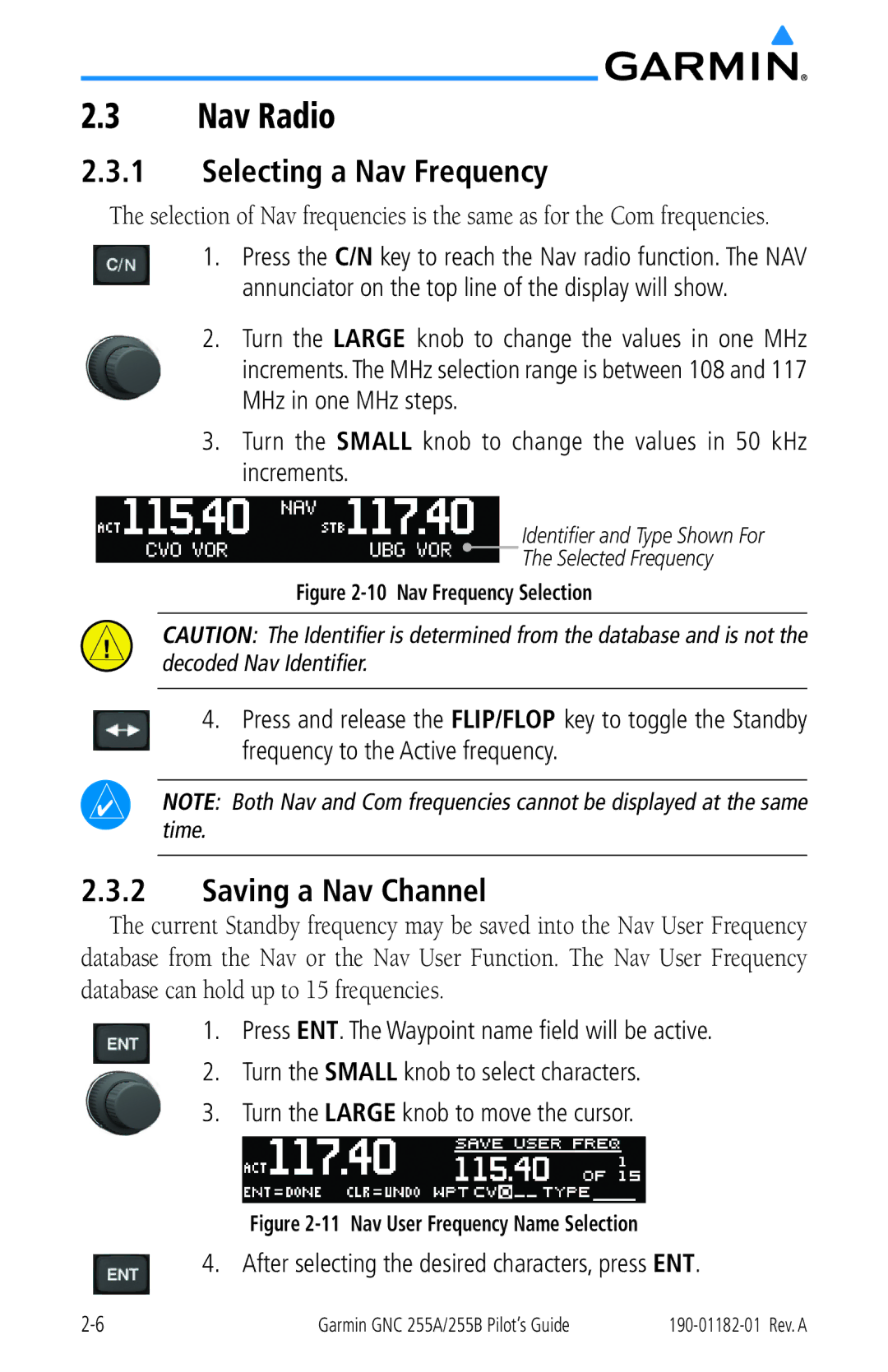 Garmin 255A manual Nav Radio, Selecting a Nav Frequency, Saving a Nav Channel 