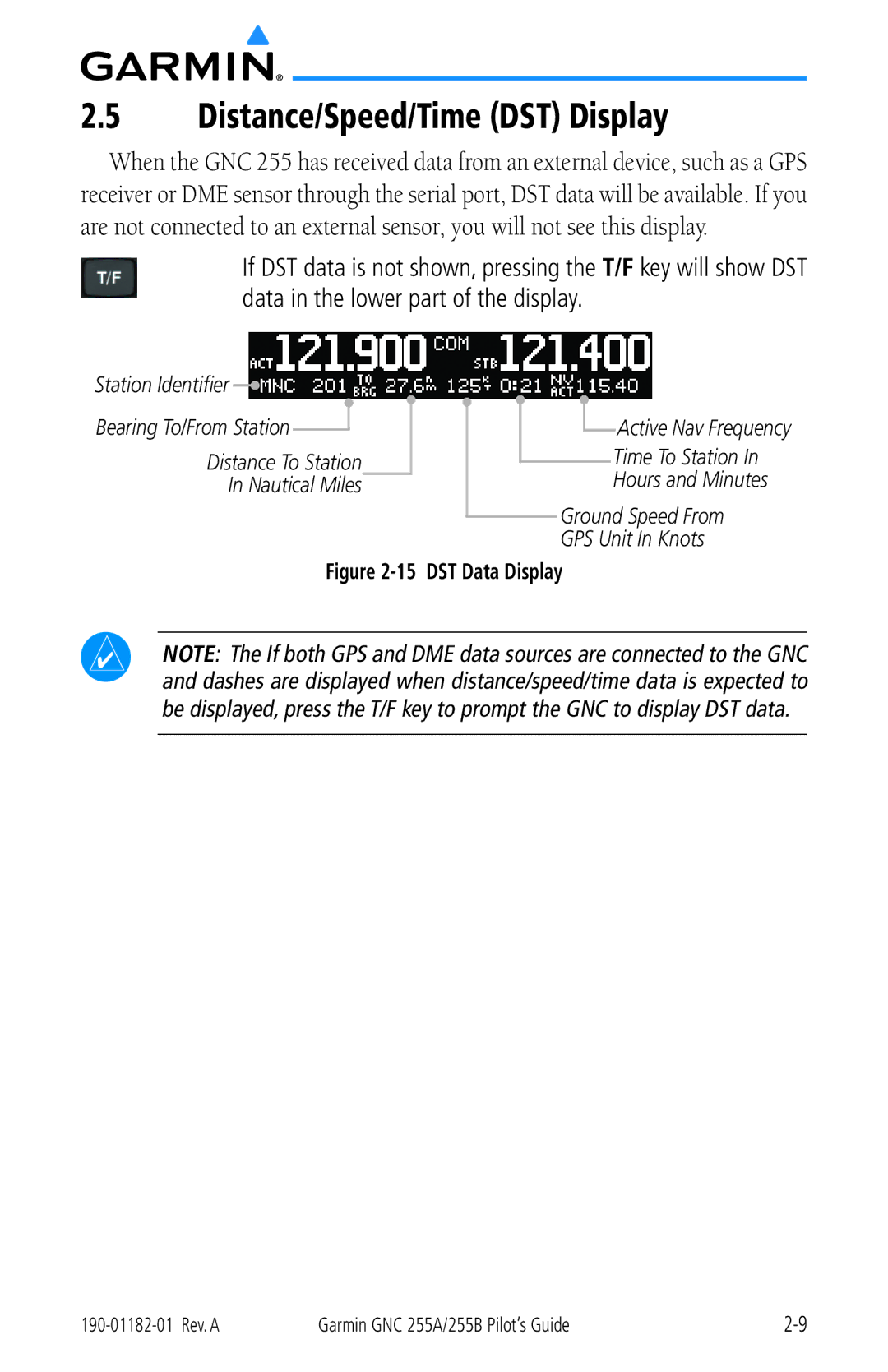 Garmin 255A manual Distance/Speed/Time DST Display, DST Data Display 