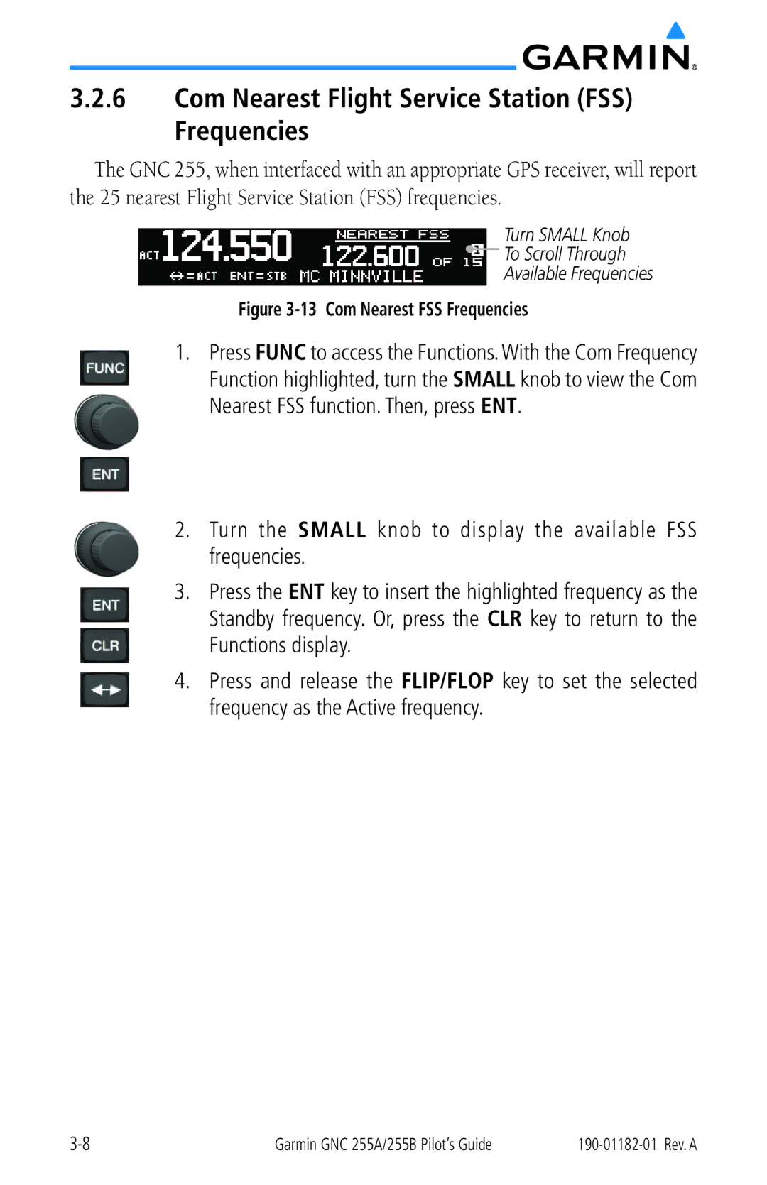 Garmin 255A manual Com Nearest Flight Service Station FSS Frequencies, Com Nearest FSS Frequencies 