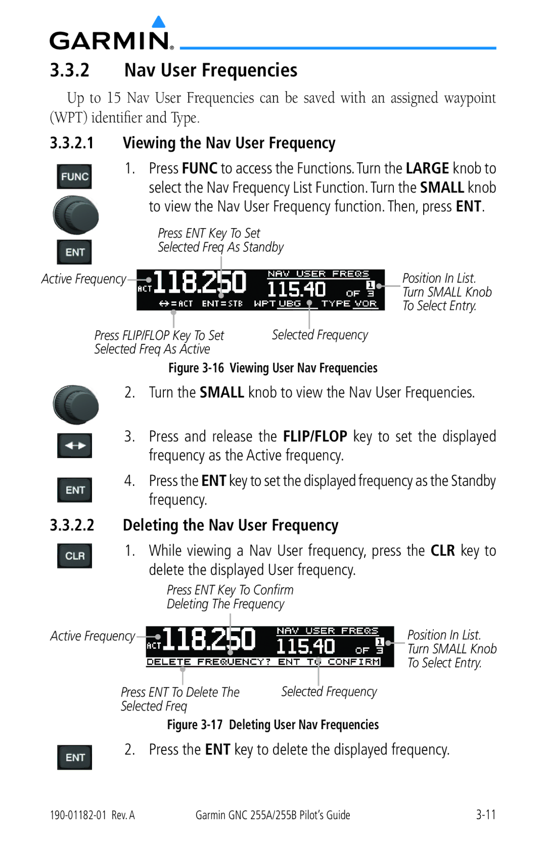 Garmin 255A manual Nav User Frequencies, Press the ENT key to delete the displayed frequency 