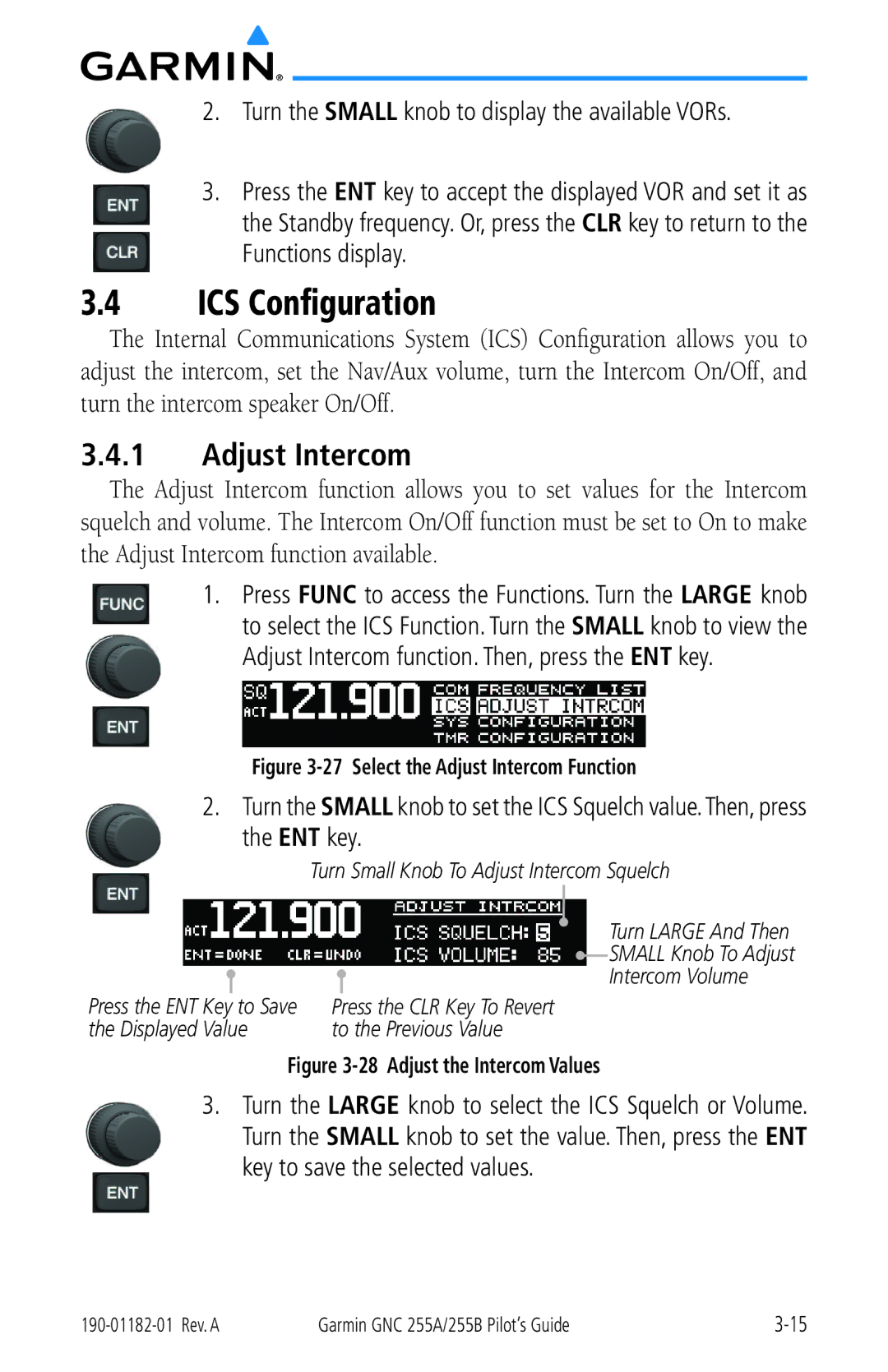 Garmin 255A manual ICS Configuration, Adjust Intercom, Turn the Small knob to display the available VORs, Functions display 