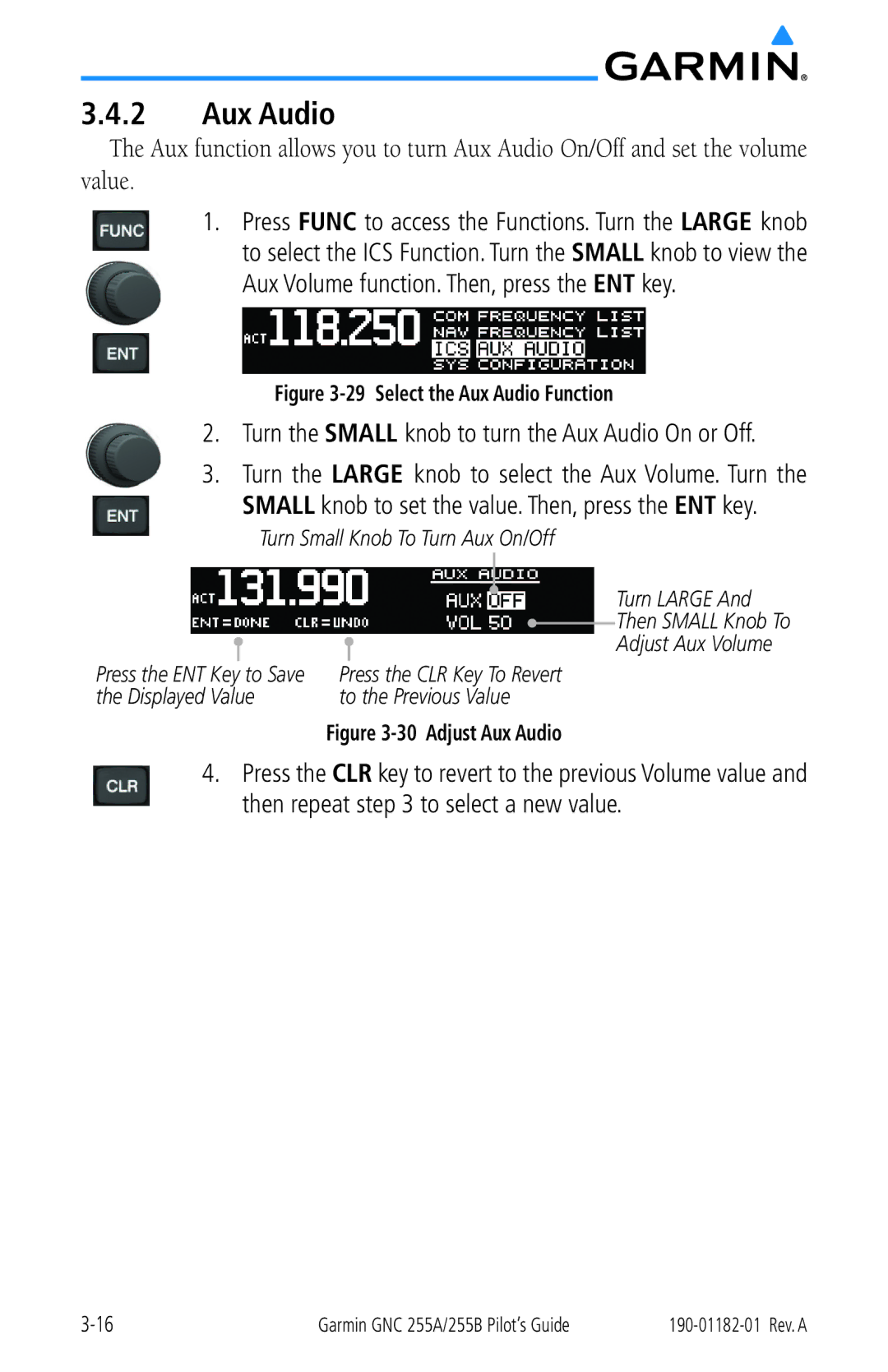 Garmin 255A manual Turn the Small knob to turn the Aux Audio On or Off 