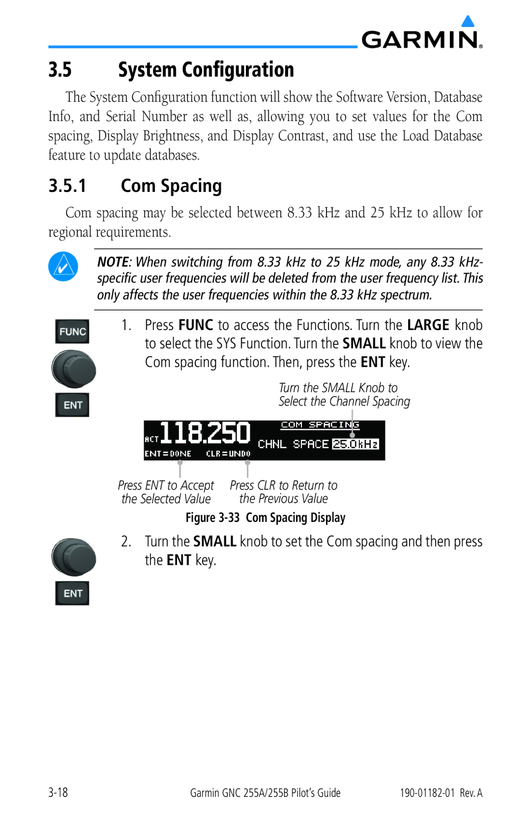 Garmin 255A manual System Configuration, Com Spacing 