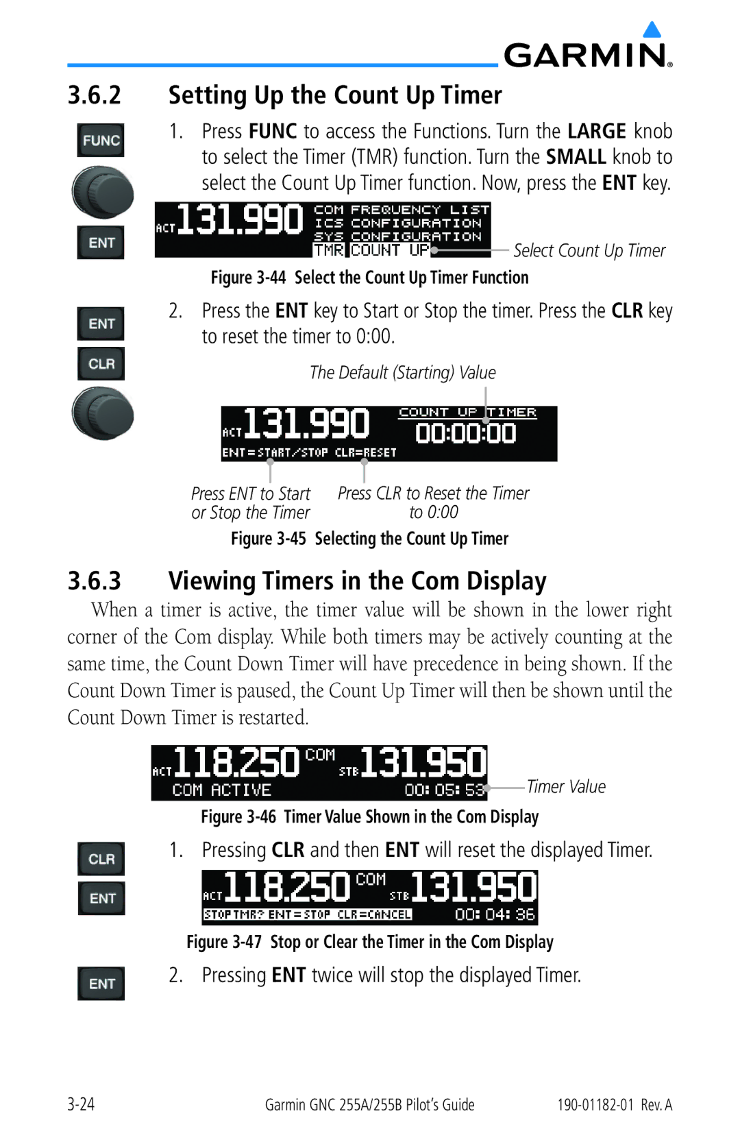 Garmin 255A manual Setting Up the Count Up Timer, Viewing Timers in the Com Display 