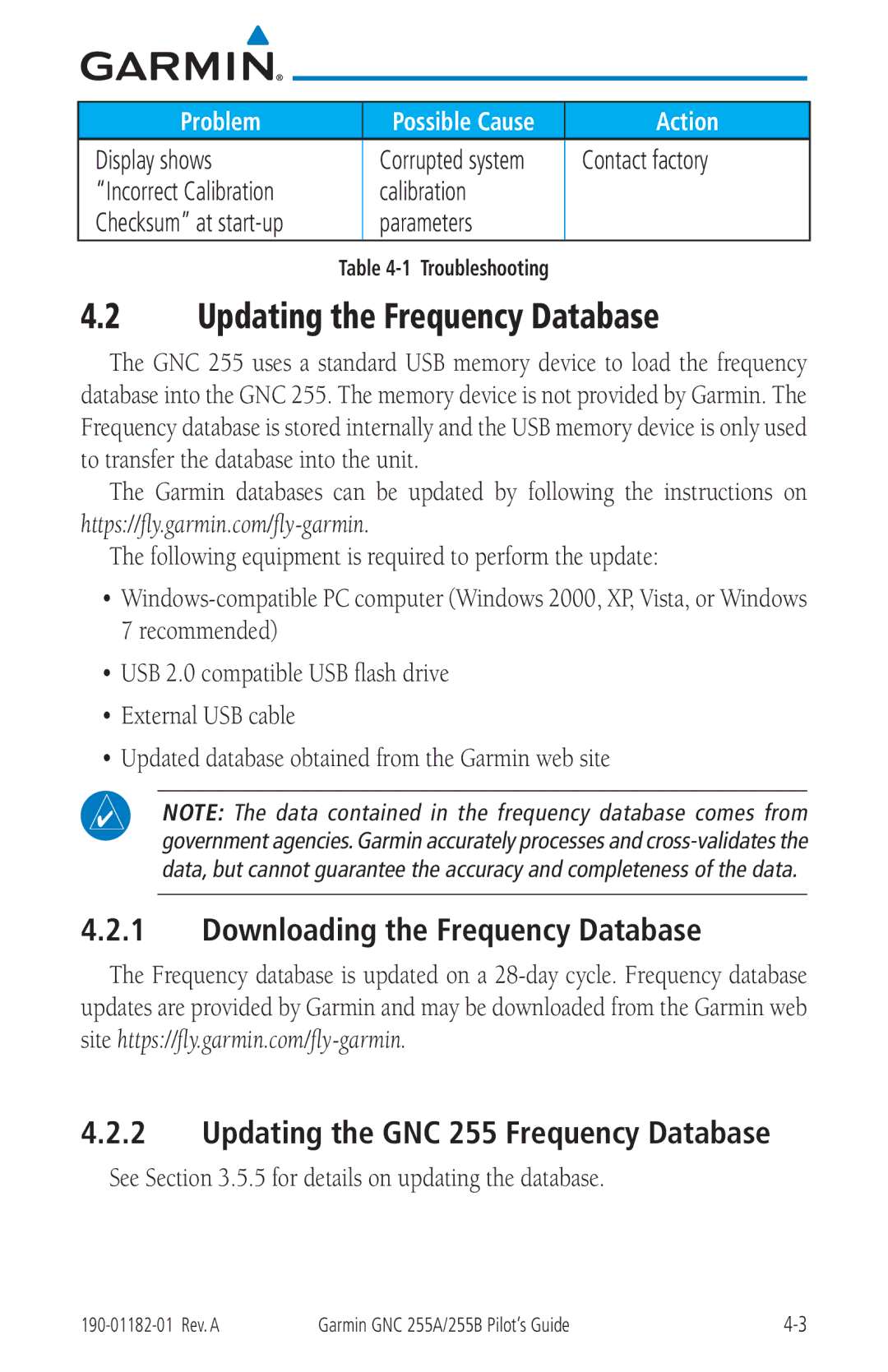 Garmin 255A manual Updating the Frequency Database 