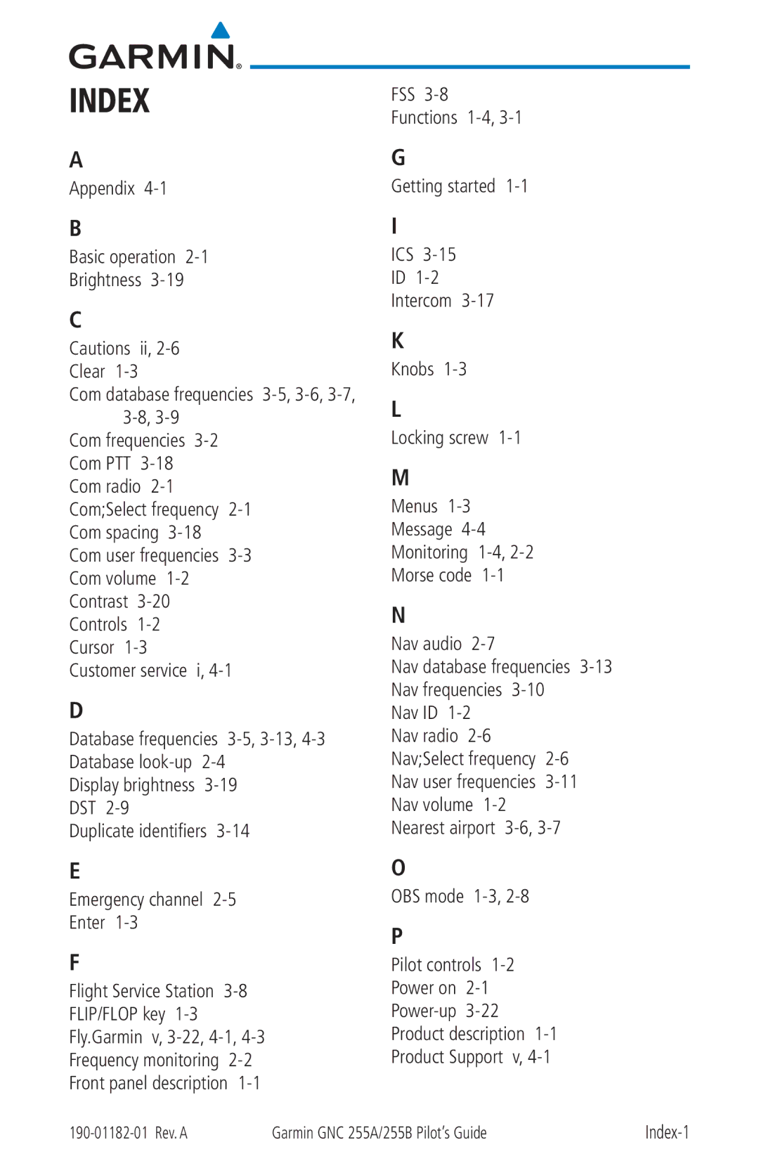 Garmin 255A manual Index 