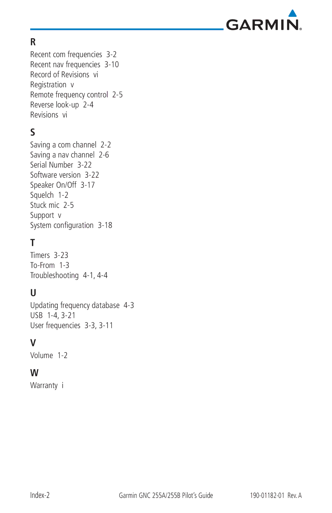 Garmin 255A manual Remote frequency control 2-5 Reverse look-up 2-4 Revisions 