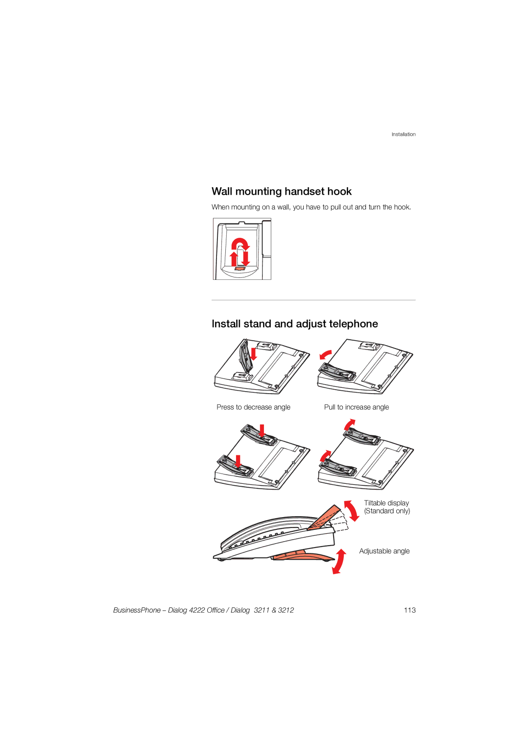 Garmin 3211 manual Wall mounting handset hook, Install stand and adjust telephone 