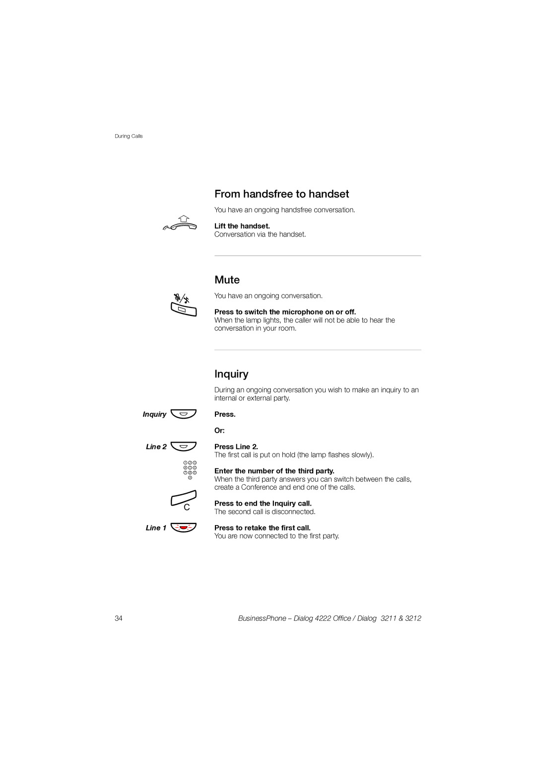 Garmin 3211 manual From handsfree to handset, Mute, Inquiry 