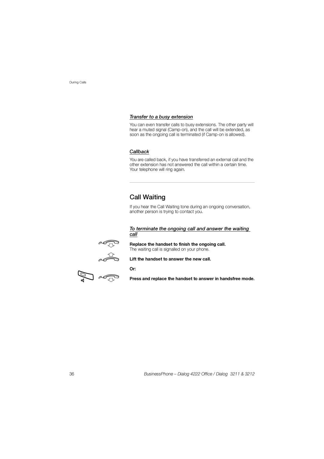 Garmin 3211 manual Â d, Call Waiting, Transfer to a busy extension, Callback 