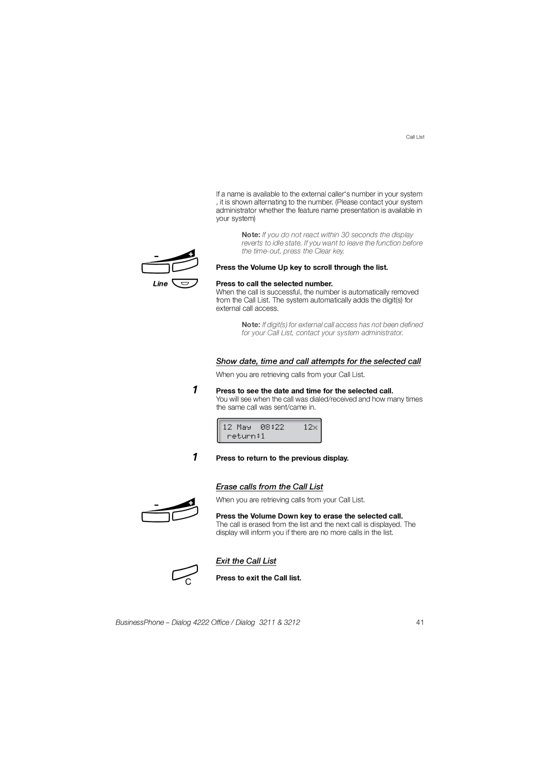 Garmin 3211 Show date, time and call attempts for the selected call, Erase calls from the Call List, Exit the Call List 