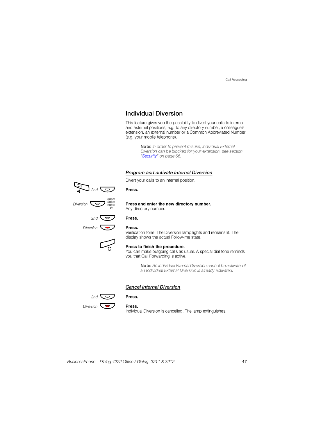 Garmin 3211 manual Individual Diversion, Program and activate Internal Diversion, Cancel Internal Diversion 