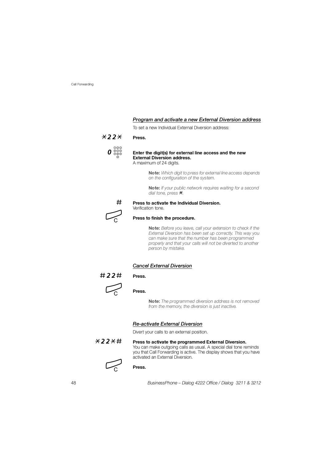 Garmin 3211 manual #22#, 22*#, Program and activate a new External Diversion address, Cancel External Diversion 