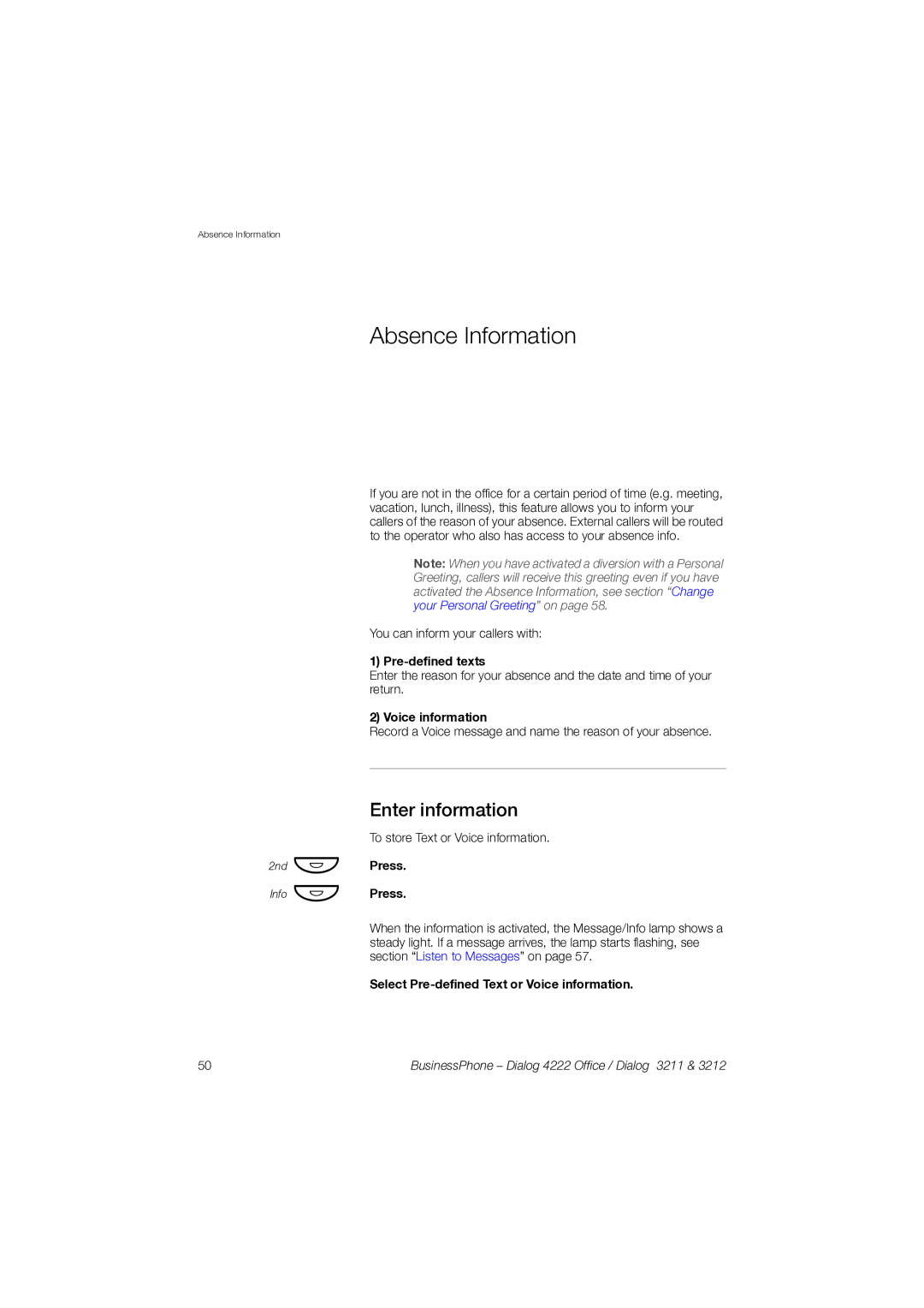 Garmin 3211 manual Absence Information, Enter information, Pre-defined texts, Voice information 