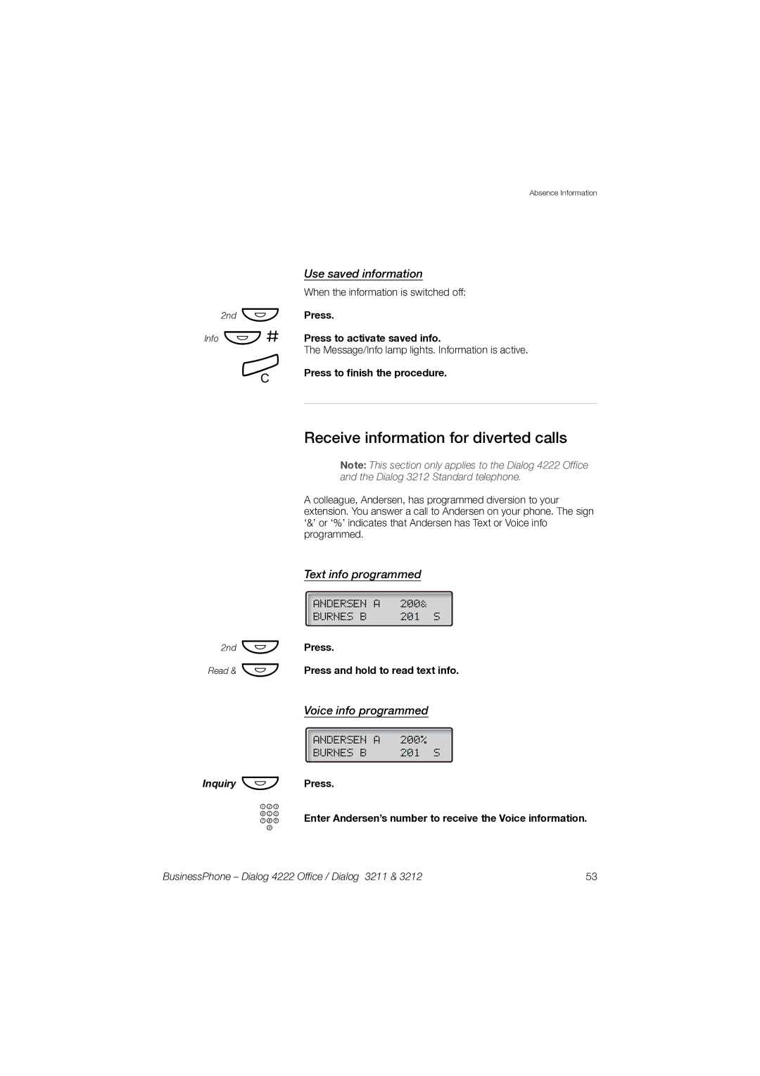 Garmin 3211 Receive information for diverted calls, Use saved information, Text info programmed, Voice info programmed 