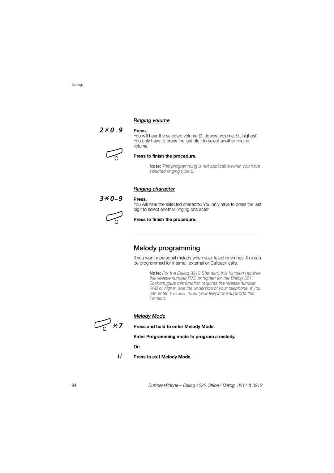 Garmin 3211 manual Melody programming, Ringing volume, Ringing character, Melody Mode 