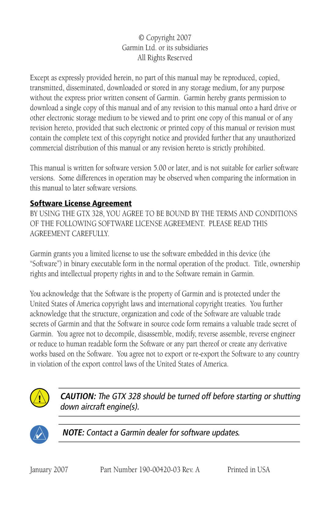 Garmin 328 manual All Rights Reserved, Software License Agreement 