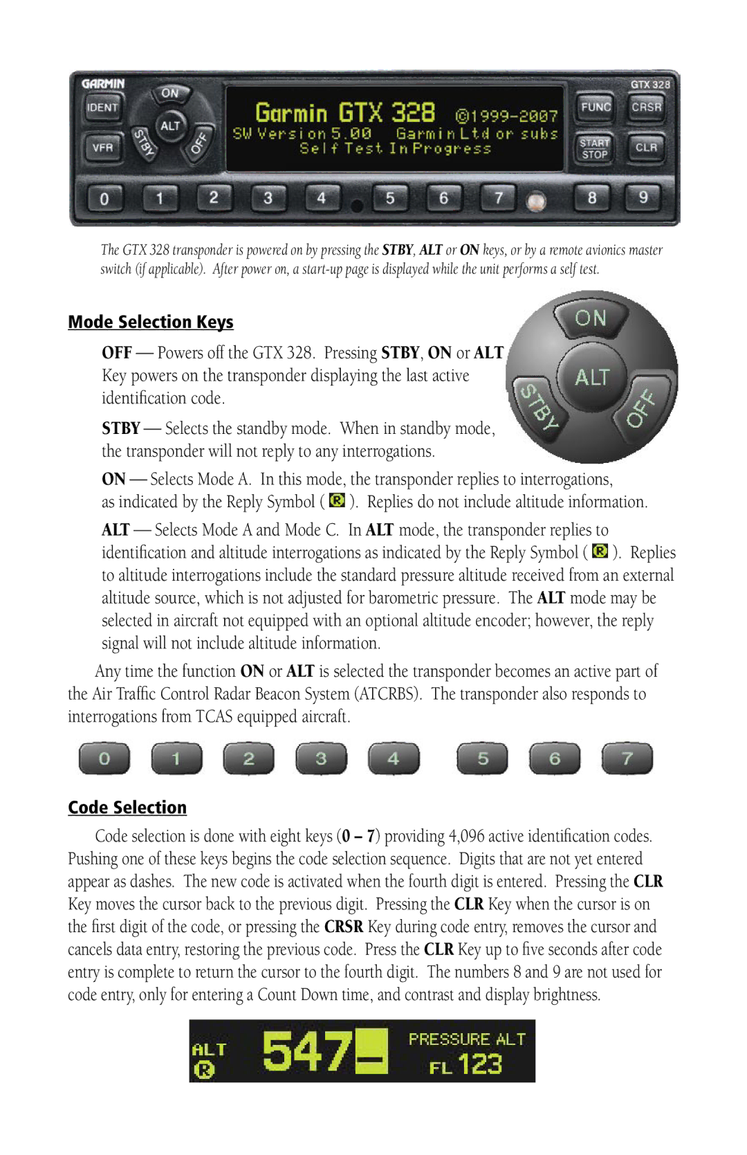 Garmin 328 manual Mode Selection Keys, Code Selection 