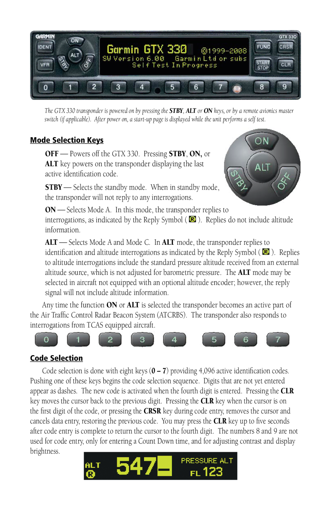 Garmin 330D manual Mode Selection Keys, Code Selection 