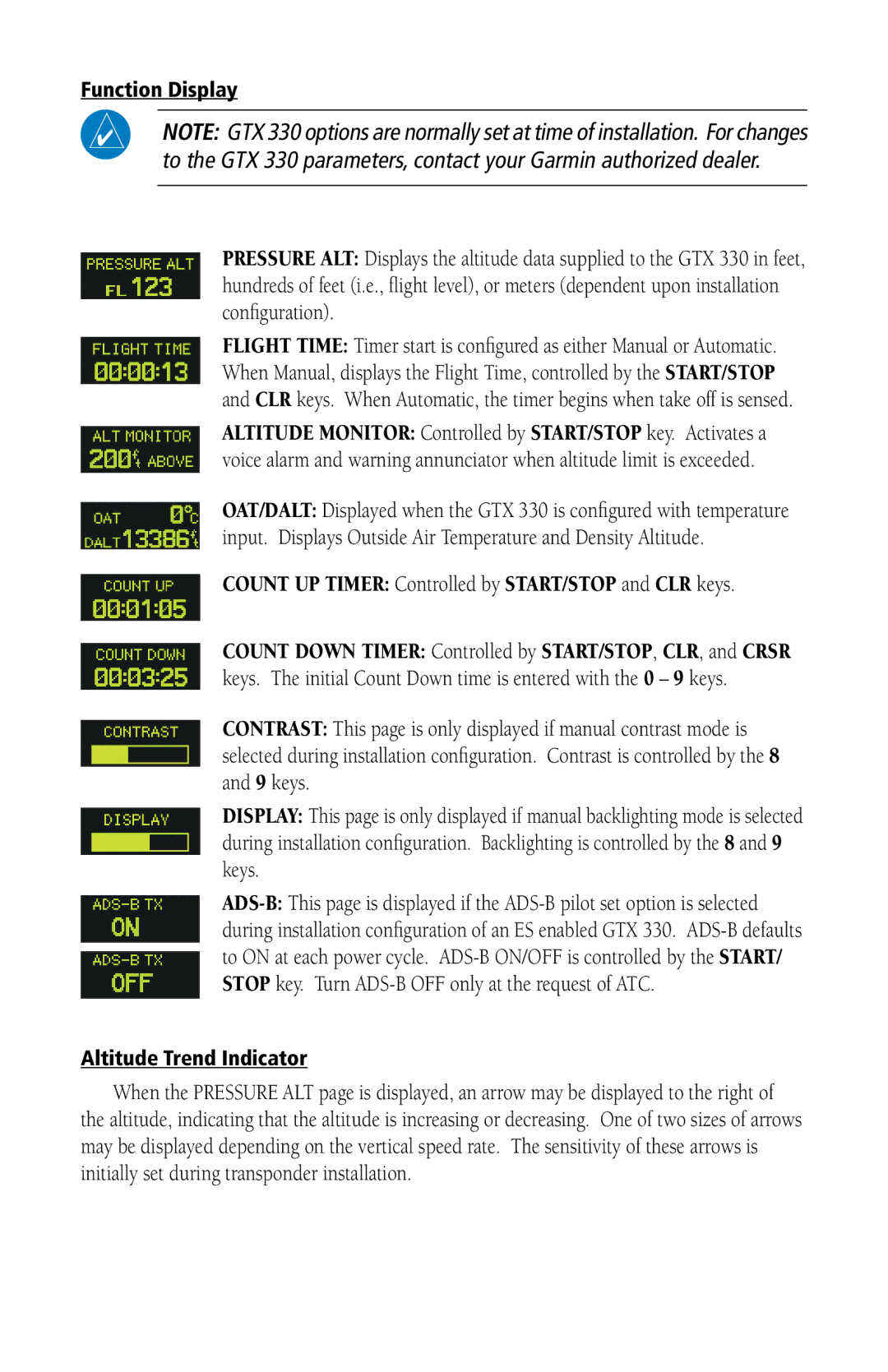 Garmin 330D manual Function Display, Altitude Trend Indicator 