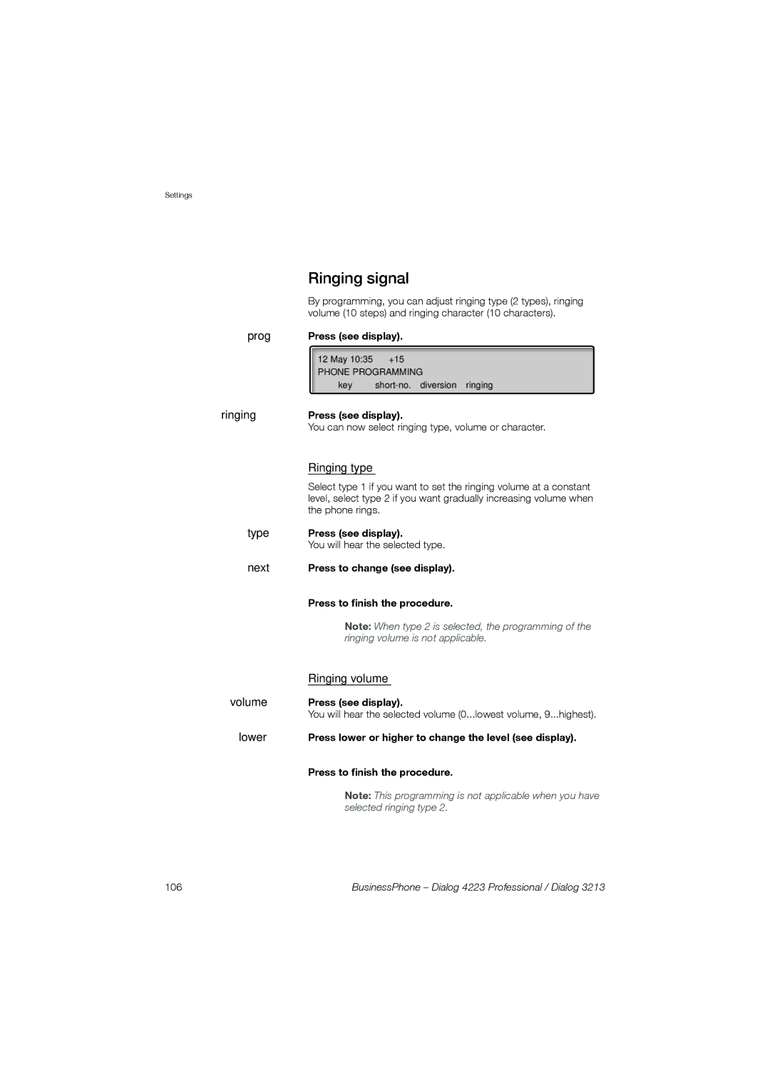 Garmin 4223 manual Ringing signal, Ringing type, Ringing volume 