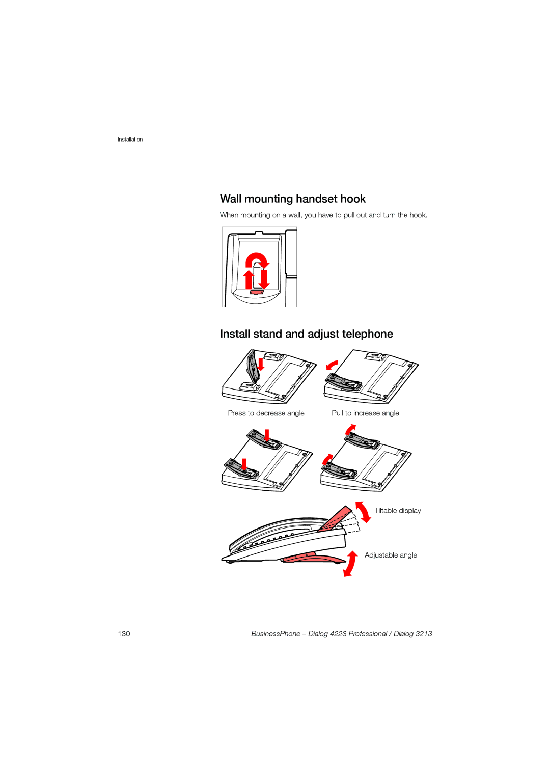 Garmin 4223 manual Wall mounting handset hook, Install stand and adjust telephone 