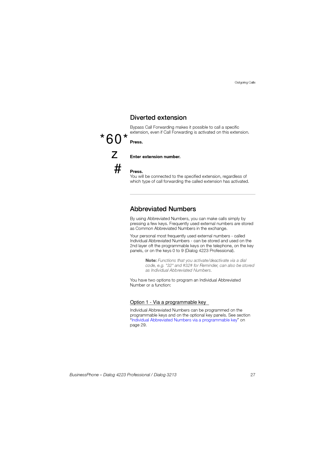 Garmin 4223 manual Diverted extension, Abbreviated Numbers, Option 1 Via a programmable key, Press Enter extension number 