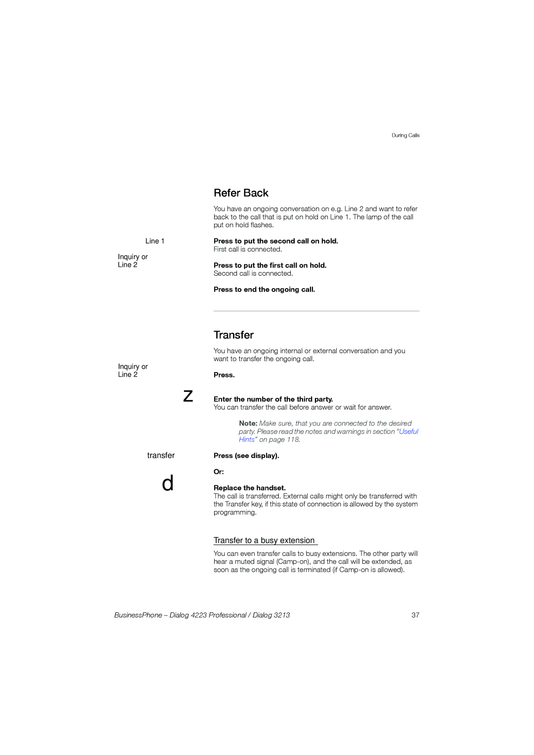 Garmin 4223 manual Refer Back, Transfer to a busy extension 