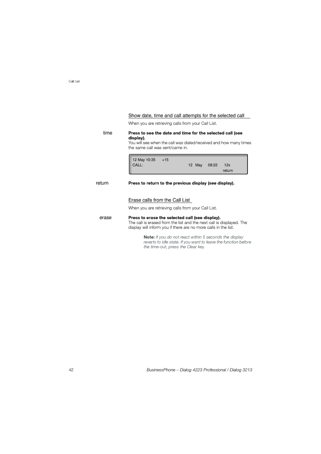 Garmin 4223 manual Show date, time and call attempts for the selected call, Erase calls from the Call List 