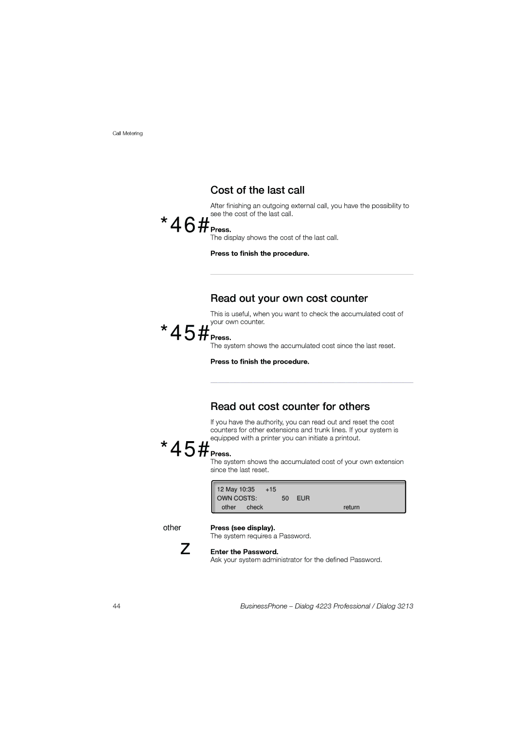 Garmin 4223 manual 46# 45#, Cost of the last call, Read out your own cost counter, Read out cost counter for others, Other 