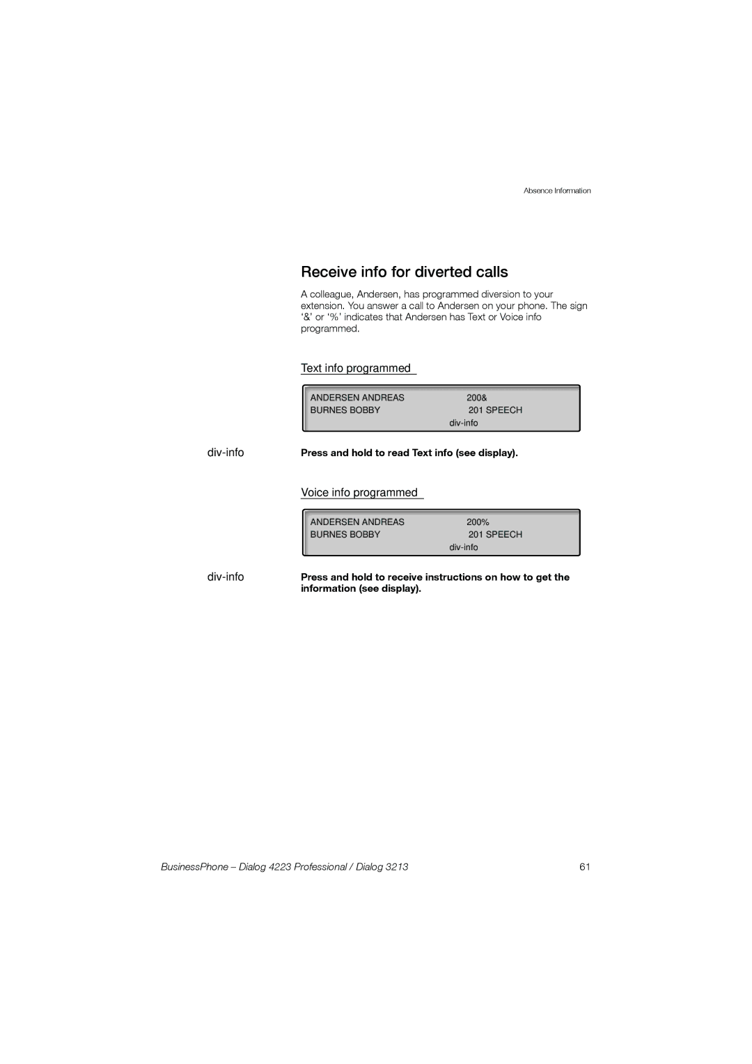 Garmin 4223 manual Receive info for diverted calls, Text info programmed, Voice info programmed 