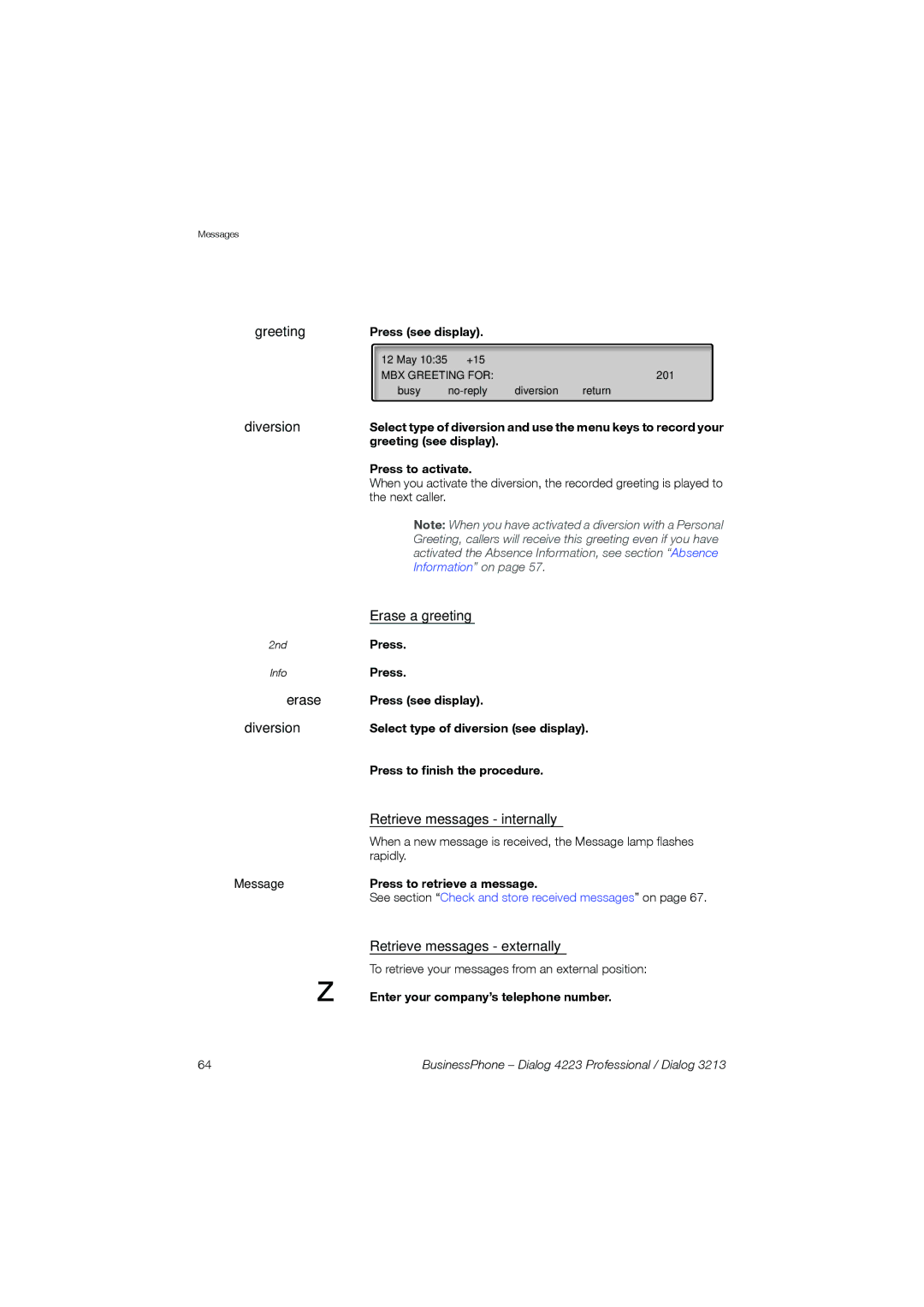 Garmin 4223 manual Greeting Diversion, Erase Diversion, Erase a greeting, Retrieve messages internally 