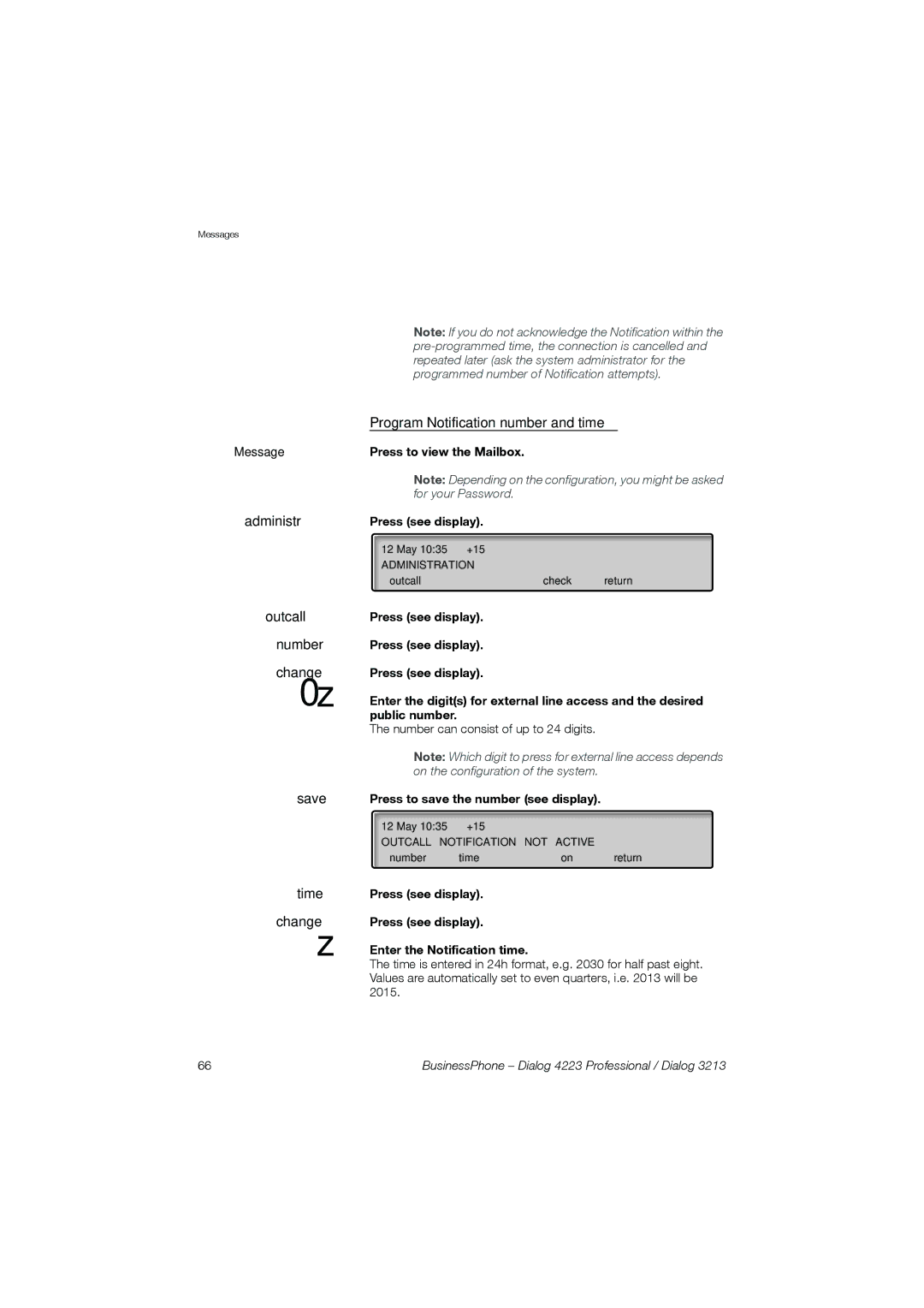 Garmin 4223 manual Program Notification number and time, Administr, Outcall, Number 