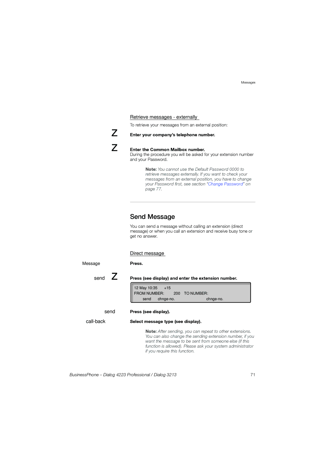 Garmin 4223 manual Send Message, Send z Call-back, Direct message, Press Press see display and enter the extension number 
