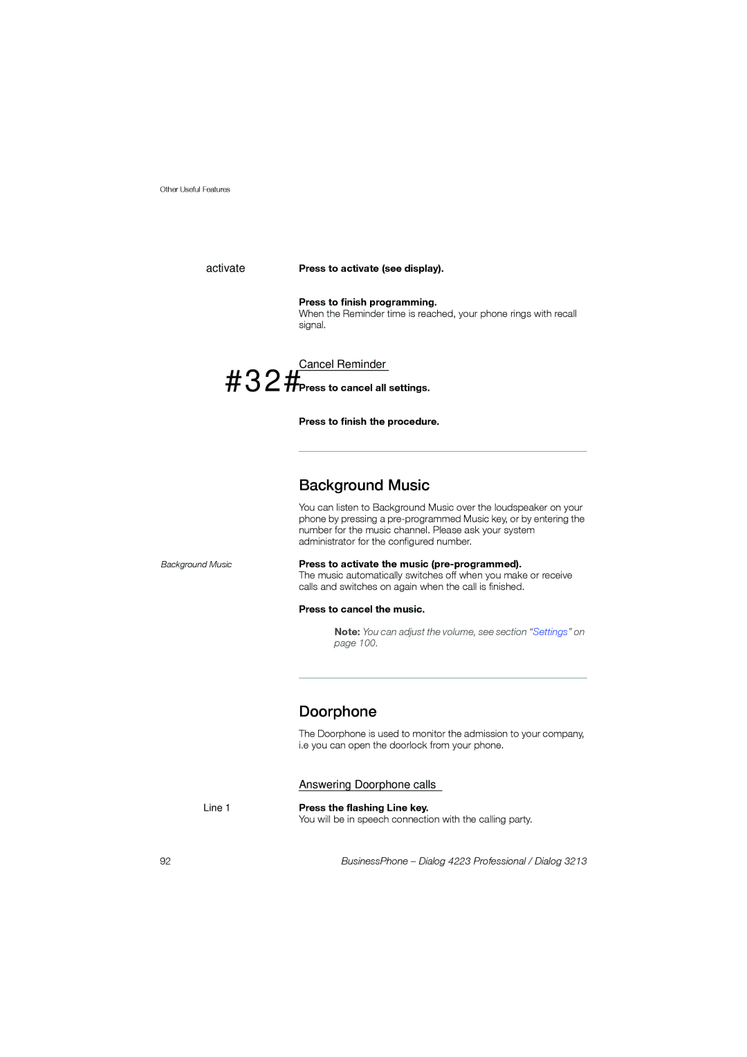 Garmin 4223 manual #32#, Background Music, Cancel Reminder, Answering Doorphone calls 