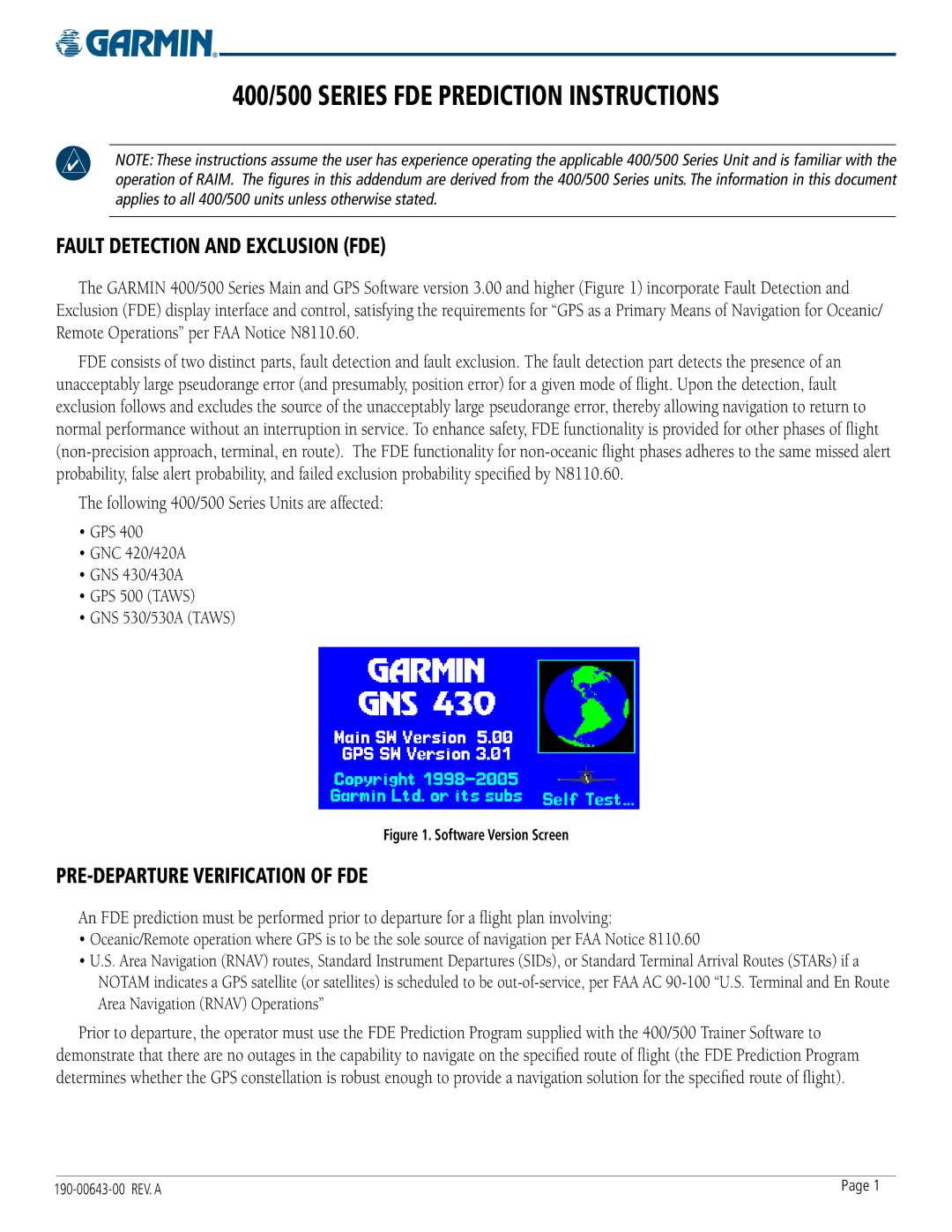 Garmin 400, 500 manual Fault Detection and Exclusion FDE, PRE-DEPARTURE Verification of FDE 