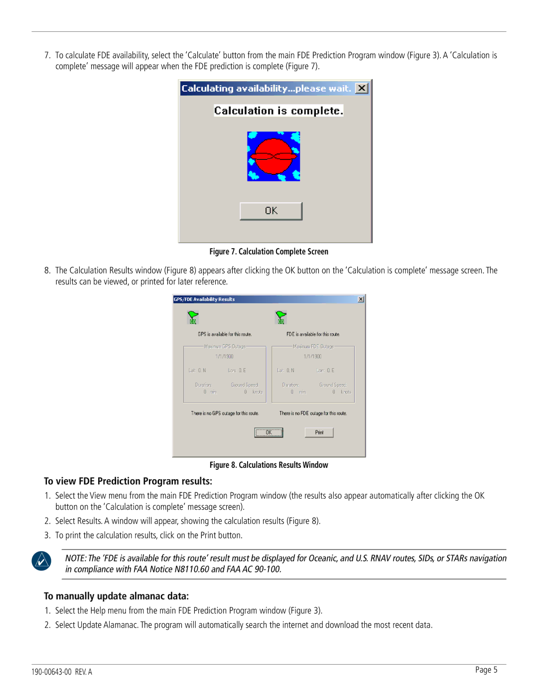 Garmin 400, 500 To view FDE Prediction Program results, To manually update almanac data 