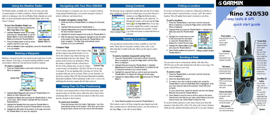 Garmin quick start Using the Weather Radio, Navigating with Your Rino 520/530, Using Contacts, Polling a Location 