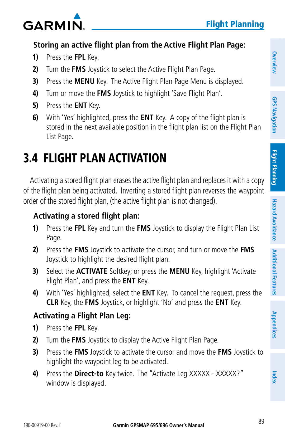 Garmin 696 Flight Plan Activation, Storing an active flight plan from the Active Flight Plan, Activating a Flight Plan Leg 