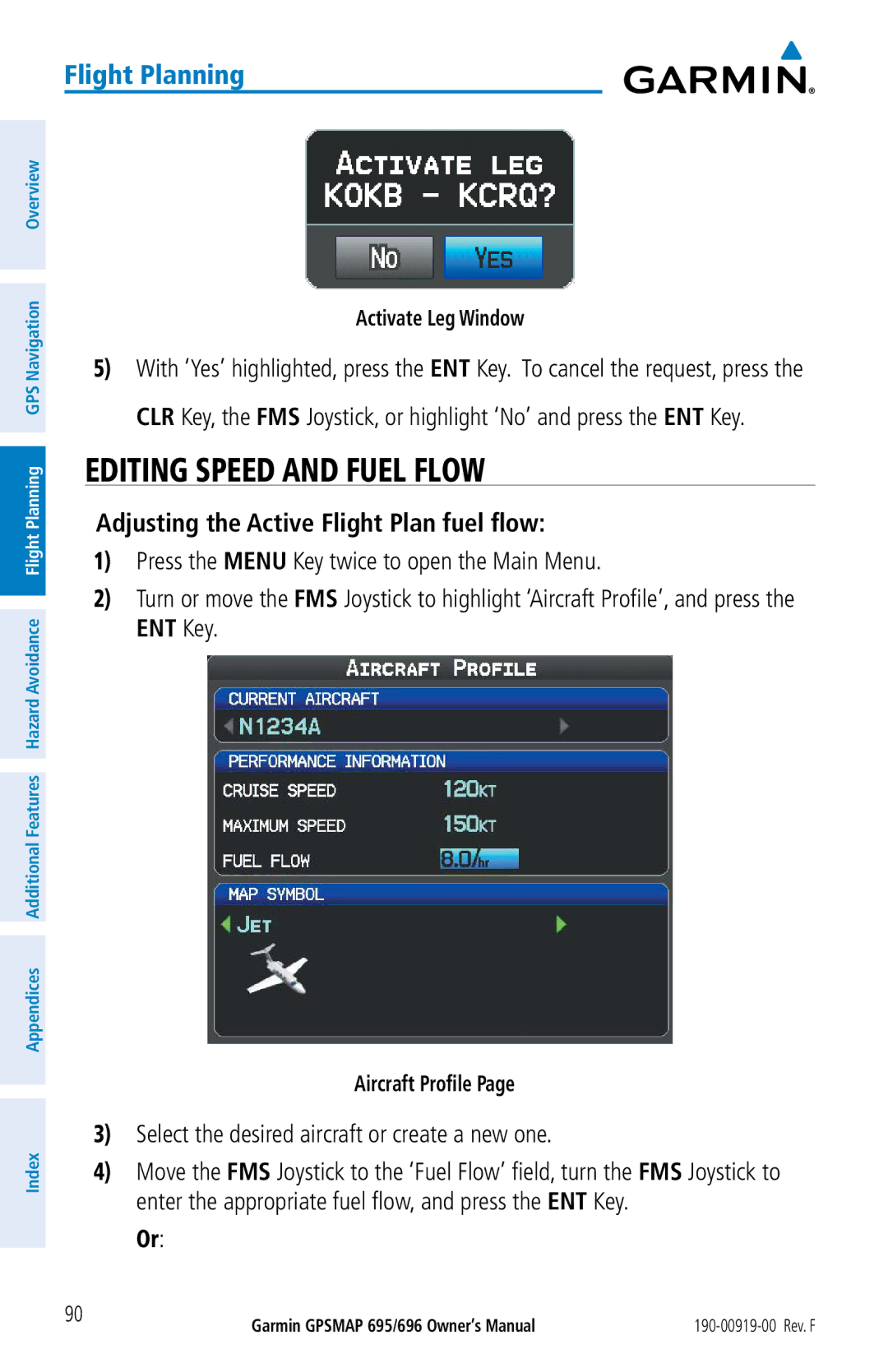 Garmin 695 Editing Speed and Fuel Flow, Adjusting the Active Flight Plan fuel flow, Activate Leg Window, Aircraft Profile 