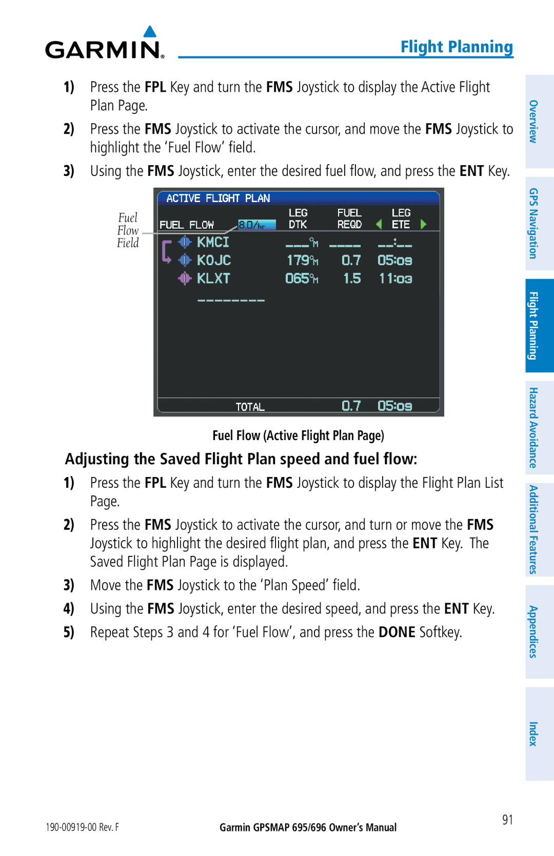 Garmin 696, 695 Adjusting the Saved Flight Plan speed and fuel flow, Move the FMS Joystick to the ‘Plan Speed’ field 