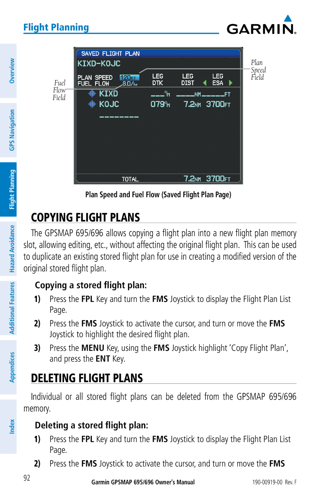 Garmin 695, 696 Copying Flight Plans, Deleting Flight Plans, Copying a stored flight plan, Deleting a stored flight plan 