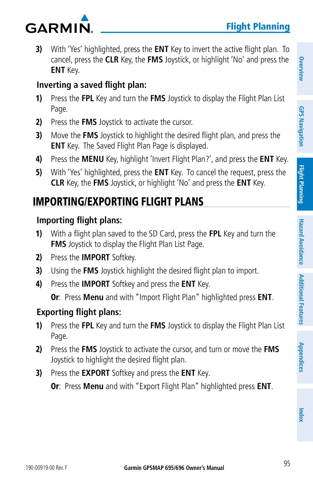 Garmin 696 IMPORTING/EXPORTING Flight Plans, Inverting a saved flight plan, Importing flight plans, Exporting flight plans 