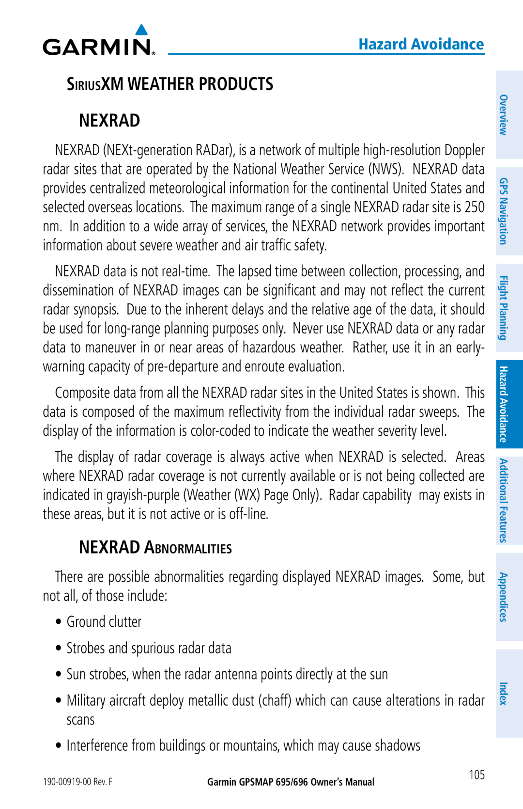 Garmin 696, 695 owner manual Nexrad Abnormalities, 105 